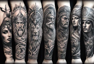 Arm sleeve. Mixed gods including. 
Greek gods & Egyptian gods & norse gods tattoo idea