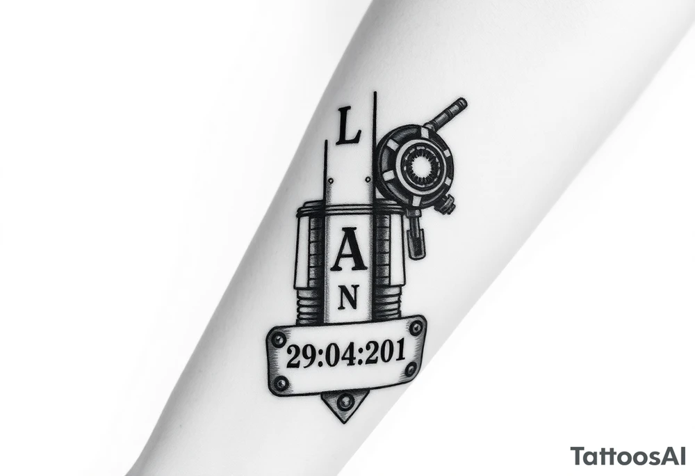 Black and grey tattoo, futuristic mechanical style, gears, pistons, and industrial elements, LOAN vertically centered, date 29.04.2011 at the bottom, time 22:47 engraved on a metal plate. Highly detailed and realistic design, suitable for inner forearm. tattoo idea