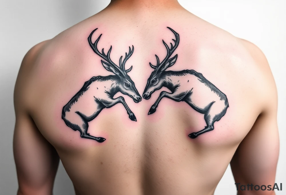 Two deer fighting with in a low down stance make it look like they are stuck together tattoo idea