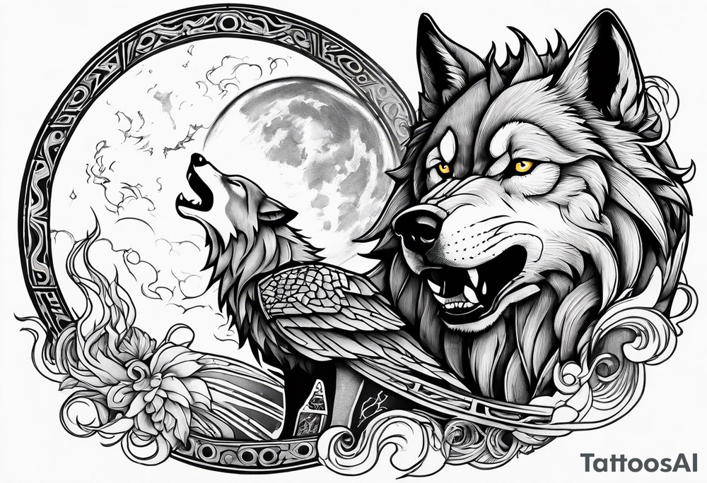 wolf with a dragon above the wolf and lightning and the moon in the background tattoo idea