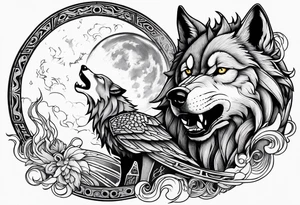wolf with a dragon above the wolf and lightning and the moon in the background tattoo idea