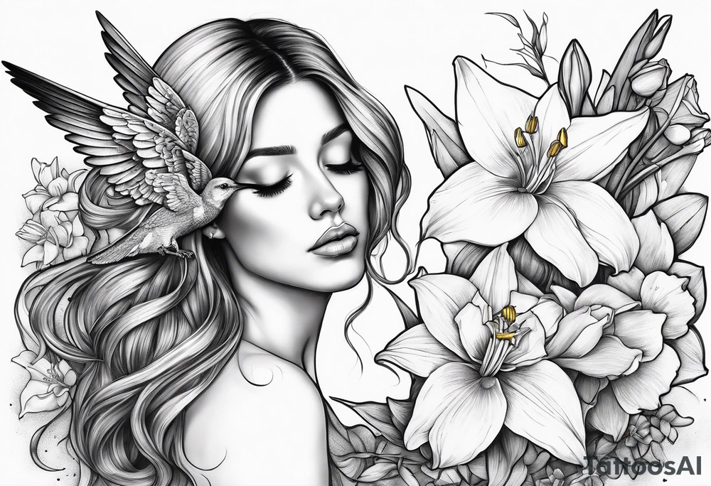 broken angel with head down and face covered by her hair with sagging broken wings surrounded by lily, daffodil, rose, daisy, narcissus holding a hummingbird tattoo idea