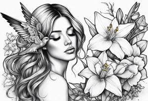 broken angel with head down and face covered by her hair with sagging broken wings surrounded by lily, daffodil, rose, daisy, narcissus holding a hummingbird tattoo idea