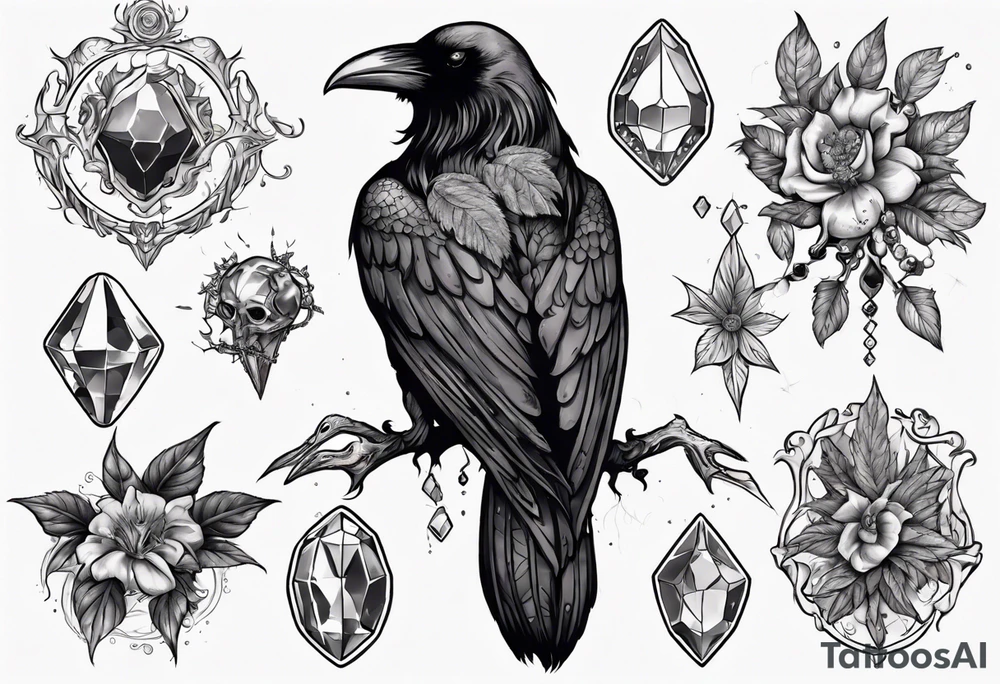 Demon Raven surrounded gems poisonous plants and astrology. tattoo idea