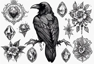 Demon Raven surrounded gems poisonous plants and astrology. tattoo idea