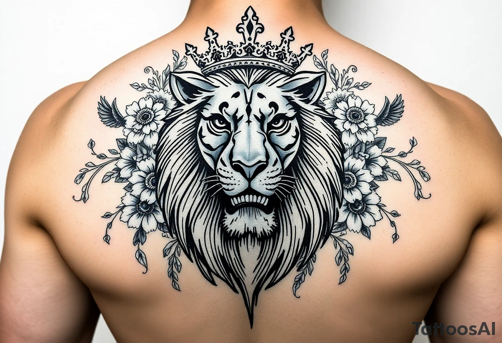 powerful majestic lion with a crown, surrounded by floral ornaments and birds tattoo idea