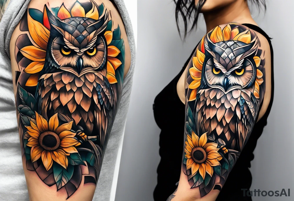 Owl and sunflower sleeve tattoo idea