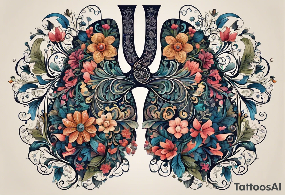 intricate and artistic arrangement of flowers and ornamental patterns that come together to form the shape of human lungs. The design should have a balance of delicacy and detail, with vibrant floral elements seamlessly intertwining to mimic the structure of the lungs, including the bronchi branching into floral motifs. Incorporate subtle shading and depth to give the tattoo a dynamic and organic feel, while maintaining elegance and symmetry tattoo idea