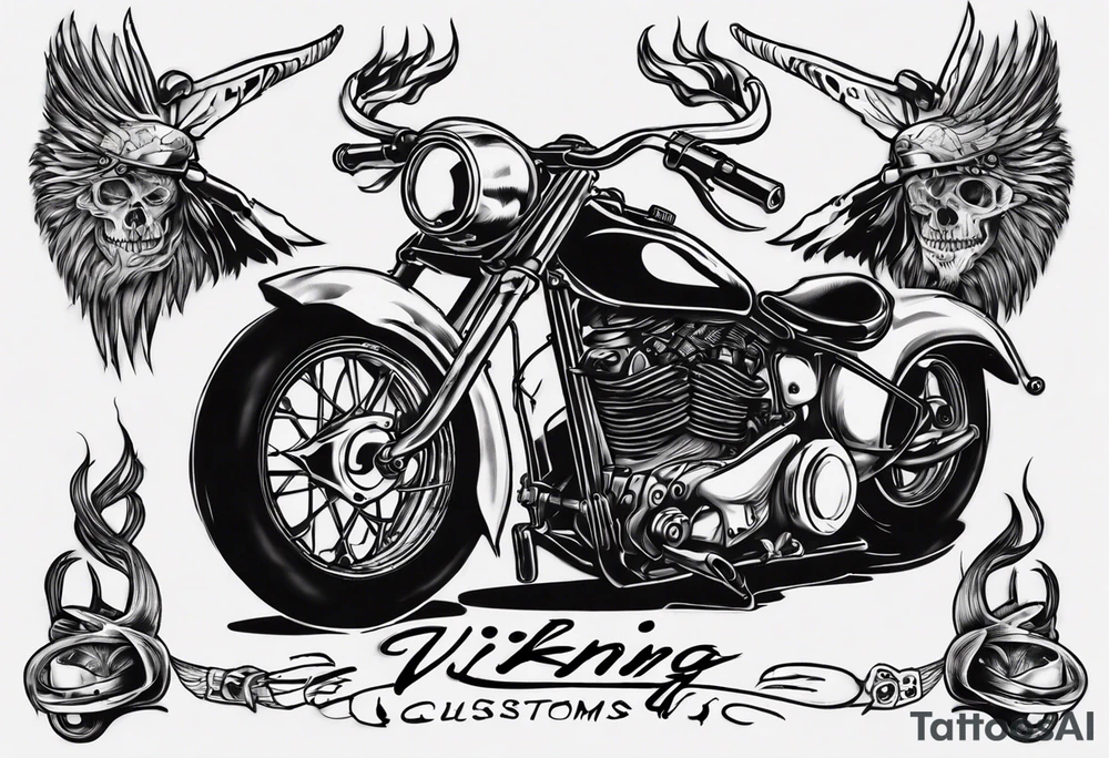 I want a tattoo of an old classic motorcycle  and a skeleton in the back with the name “Viking Customs” incorporated in the design tattoo idea