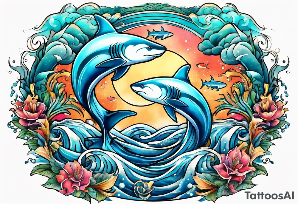 Pisces tattoo with sharks surrounding it in waves tattoo idea