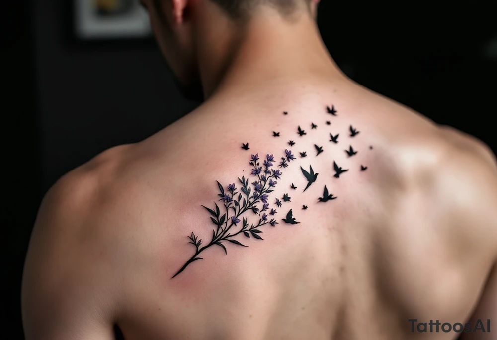 A wood violet blowing in the wind with pedals floating away turning into birds tattoo idea