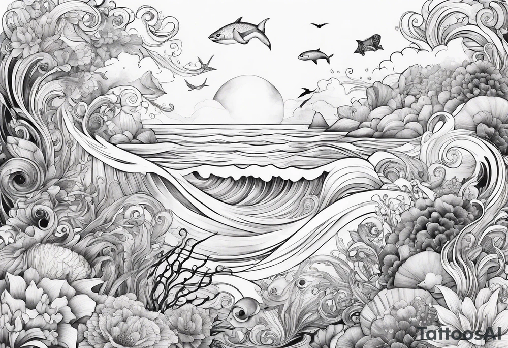 Ocean creatures feminine cascading upwards tattoo idea