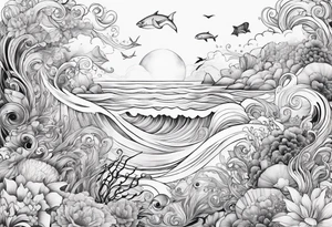 Ocean creatures feminine cascading upwards tattoo idea