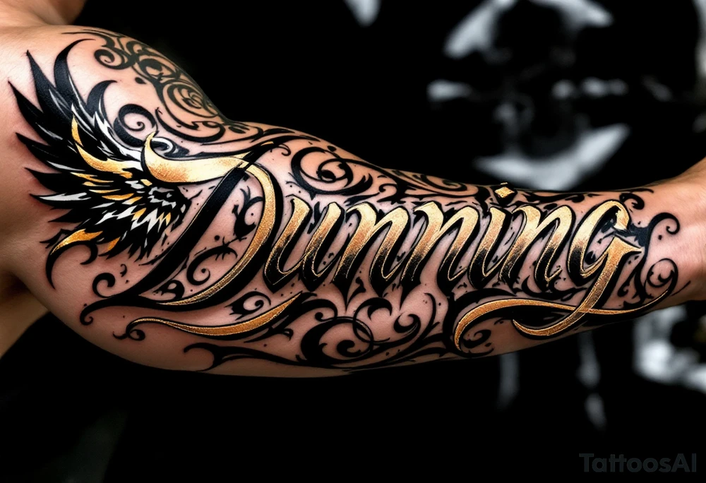 Dunning, details include bold strong font, gold highlights, theme of wealth and angel wings, taino native tattoo idea