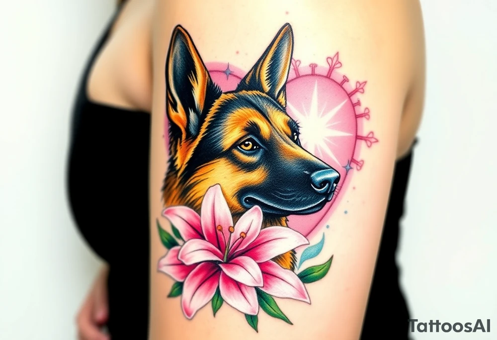 elegent looking german shepherd dog with pink lily flowers in front of sacred heart tattoo idea