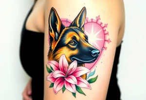 elegent looking german shepherd dog with pink lily flowers in front of sacred heart tattoo idea