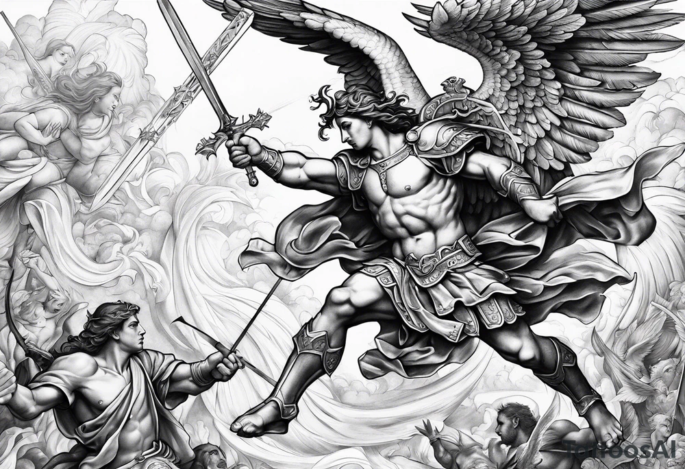 St Michael fighting the devil. Angels and demons are fighting in the background tattoo idea