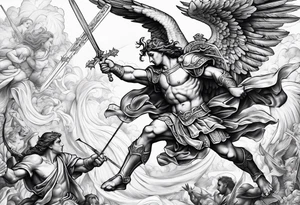 St Michael fighting the devil. Angels and demons are fighting in the background tattoo idea
