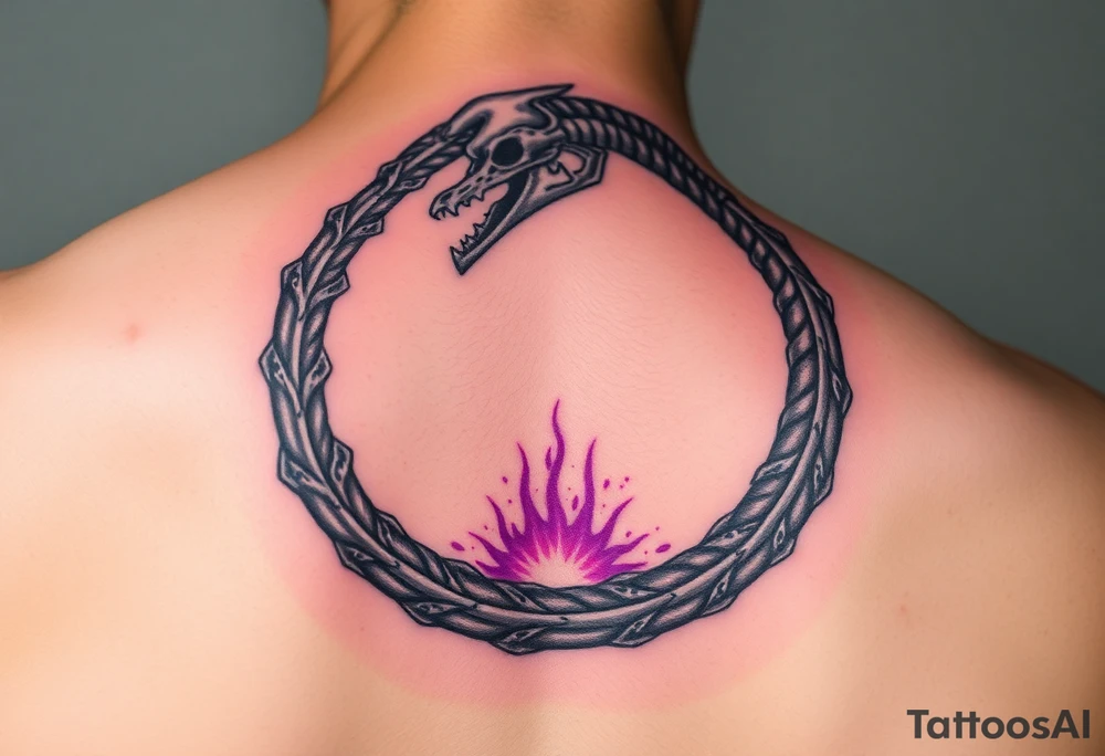 A skeletal Ouroboros snake forming cyrcle with silver bones and purple energy inside, representing death and rebirth. tattoo idea