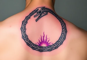 A skeletal Ouroboros snake forming cyrcle with silver bones and purple energy inside, representing death and rebirth. tattoo idea