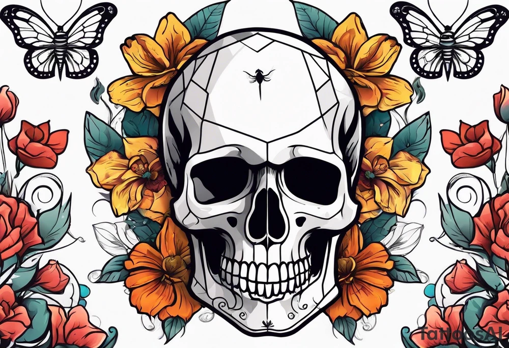 Skull tattoo with a scorpion, butterflies, and flowers tattoo idea
