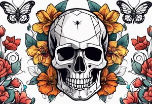 Skull tattoo with a scorpion, butterflies, and flowers tattoo idea