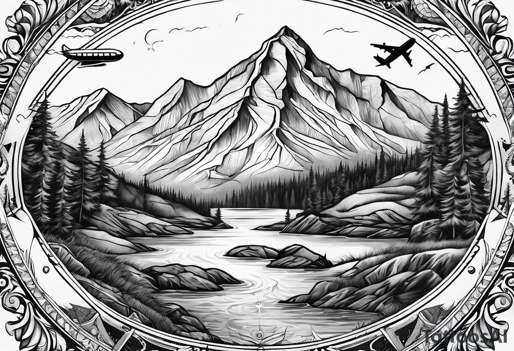 The word "HARK" with a mountain, compass and an airplane tattoo idea