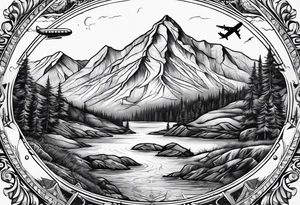 The word "HARK" with a mountain, compass and an airplane tattoo idea