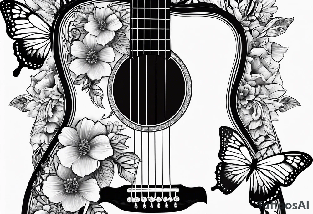 Whole electric acoustic Guitar with flowers growing off the side, butterflies tattoo idea