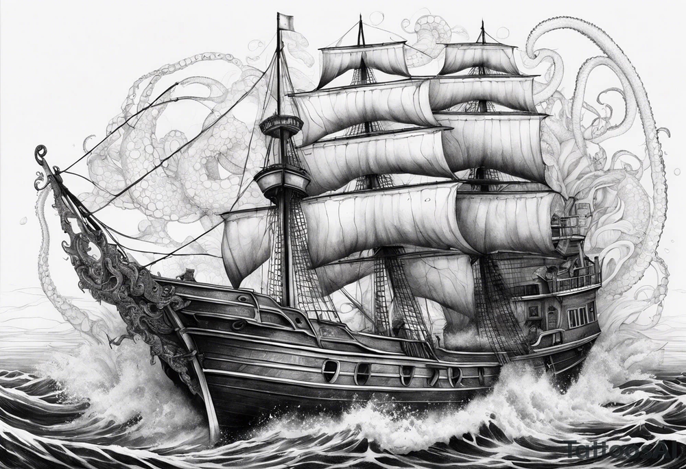 Pulpo gigante destruyendo un barco desde debajo del agua tattoo idea