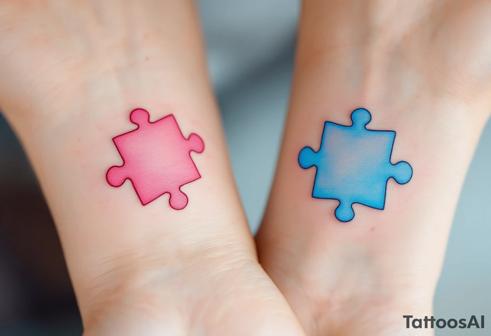 Interlocking puzzle pieces in soft pink and muted blue on the inner wrists symbolize how perfectly you fit together. tattoo idea