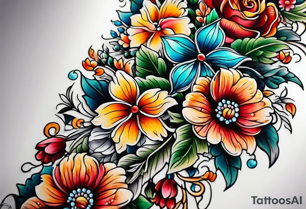 Floral leg piece with beading and lace tattoo idea. colorful, old school flowers, highly detailed, florals. white background tattoo idea
