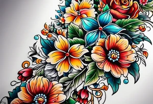 Floral leg piece with beading and lace tattoo idea. colorful, old school flowers, highly detailed, florals. white background tattoo idea
