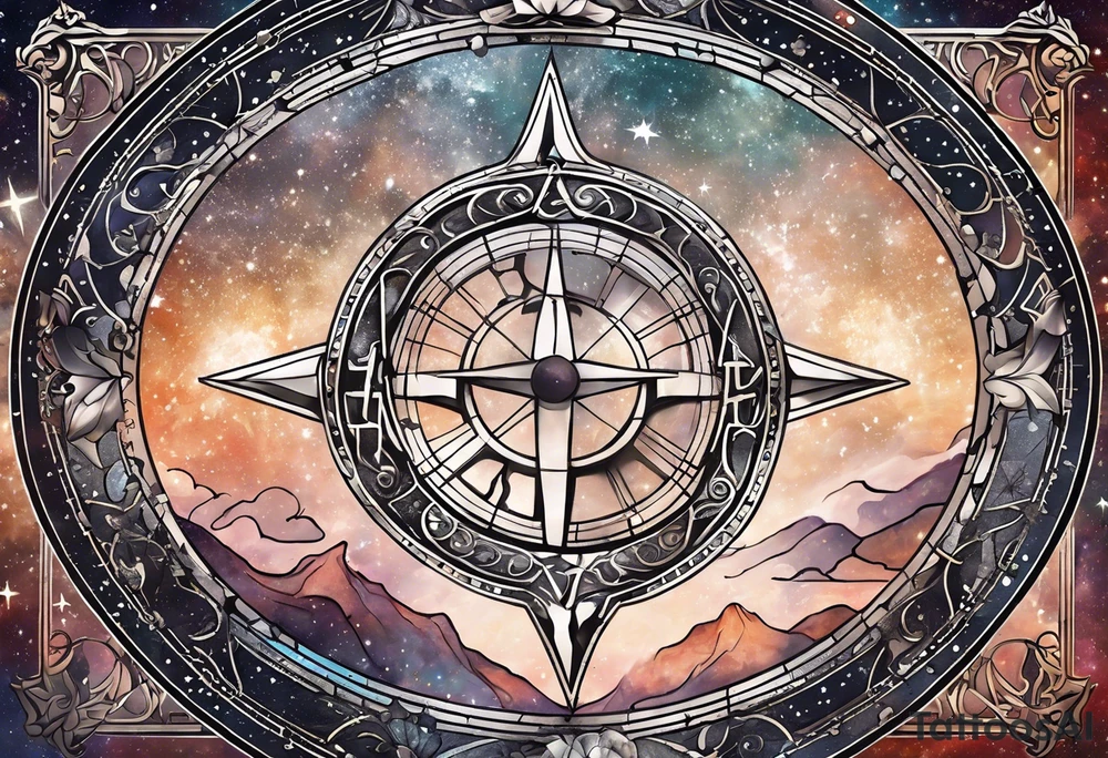 Matter, energy, space and time with an old stone theta symbol with stars in the background and Scorpio constellation tattoo idea