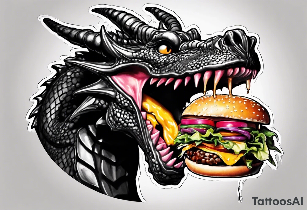 happy black dragon eating a cheeseburger tattoo idea