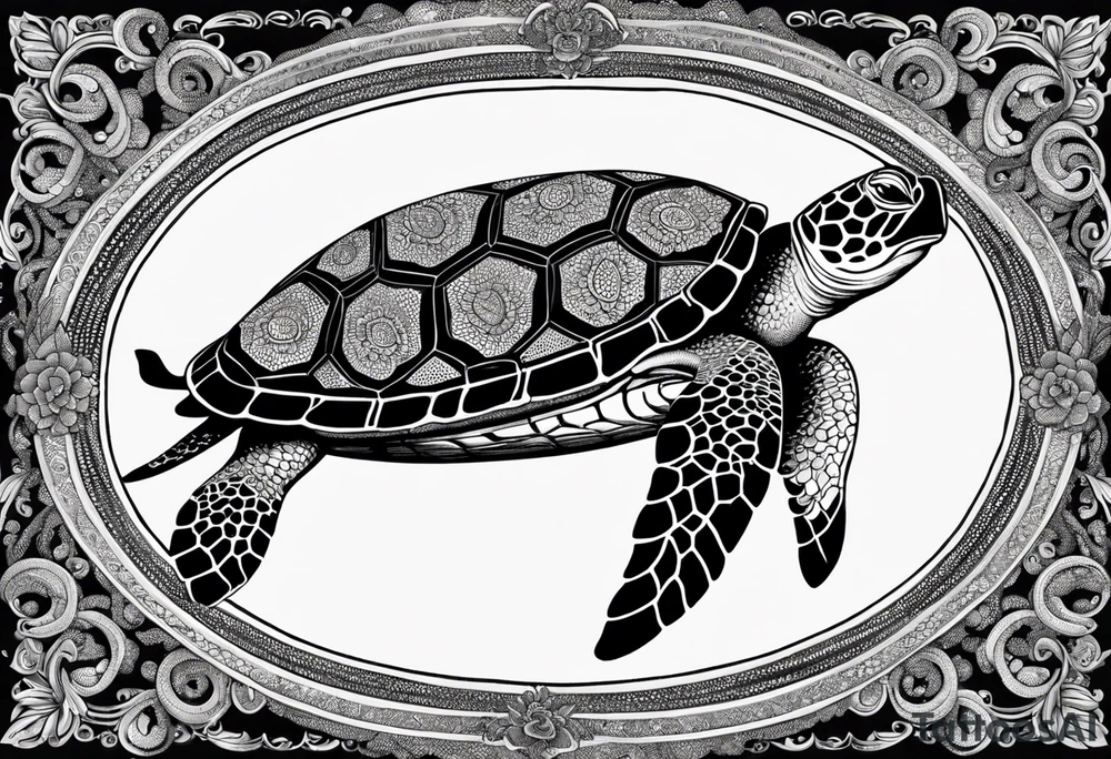 Oval frame inside thai long tail boat water under swiming turtle tattoo idea