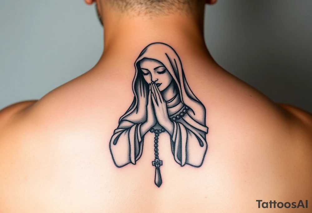 Chicano style woman with praying hands and rosary tattoo idea