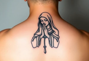 Chicano style woman with praying hands and rosary tattoo idea