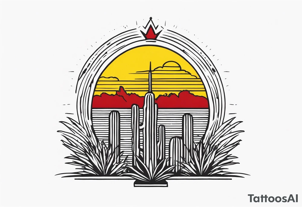 Crest with a hood on top,
13 rays of red and weld-yellow on the top half. NYC sky line
a cactus on the left side and a royal palm on the right side tattoo idea