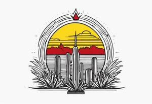 Crest with a hood on top,
13 rays of red and weld-yellow on the top half. NYC sky line
a cactus on the left side and a royal palm on the right side tattoo idea