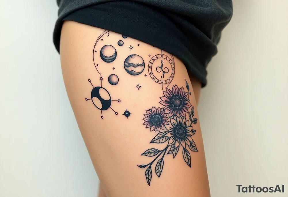 Milky way galaxy with planets with zodiac symbols and protection runes in it with tigerlillies roses and sunflowers tattoo idea