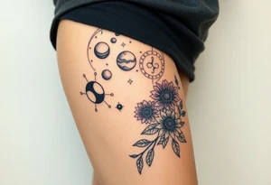 Milky way galaxy with planets with zodiac symbols and protection runes in it with tigerlillies roses and sunflowers tattoo idea