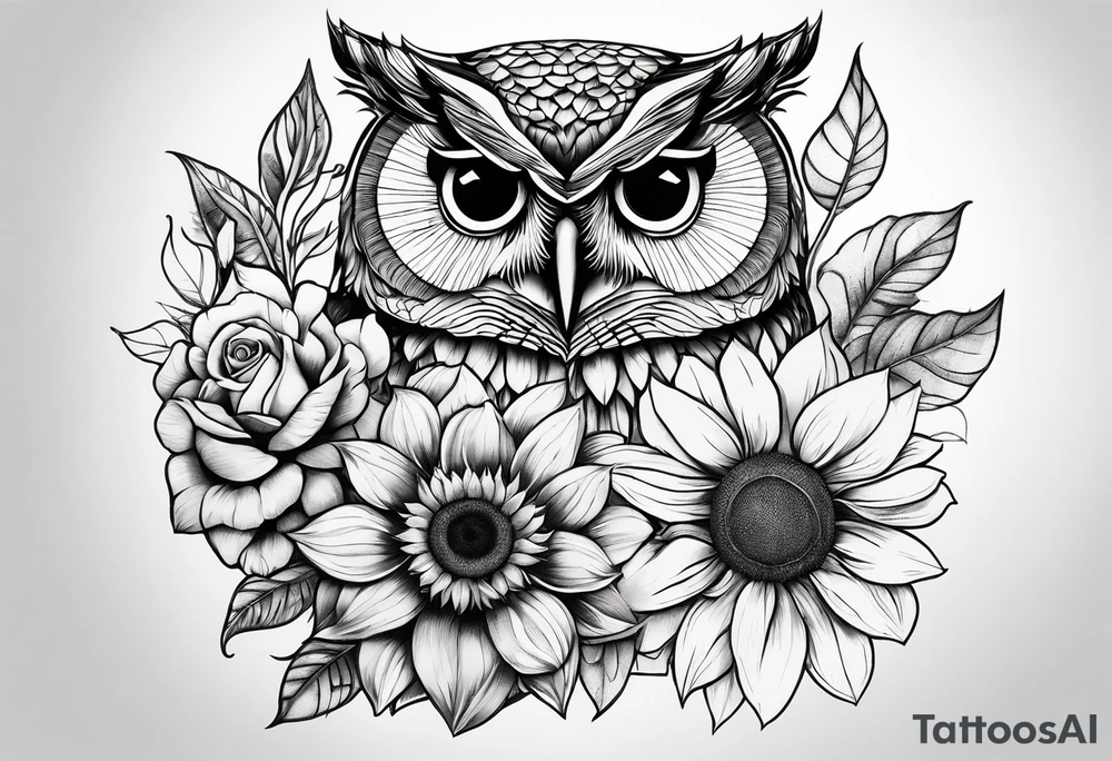 Sunflower and rose flower, owl tattoo idea