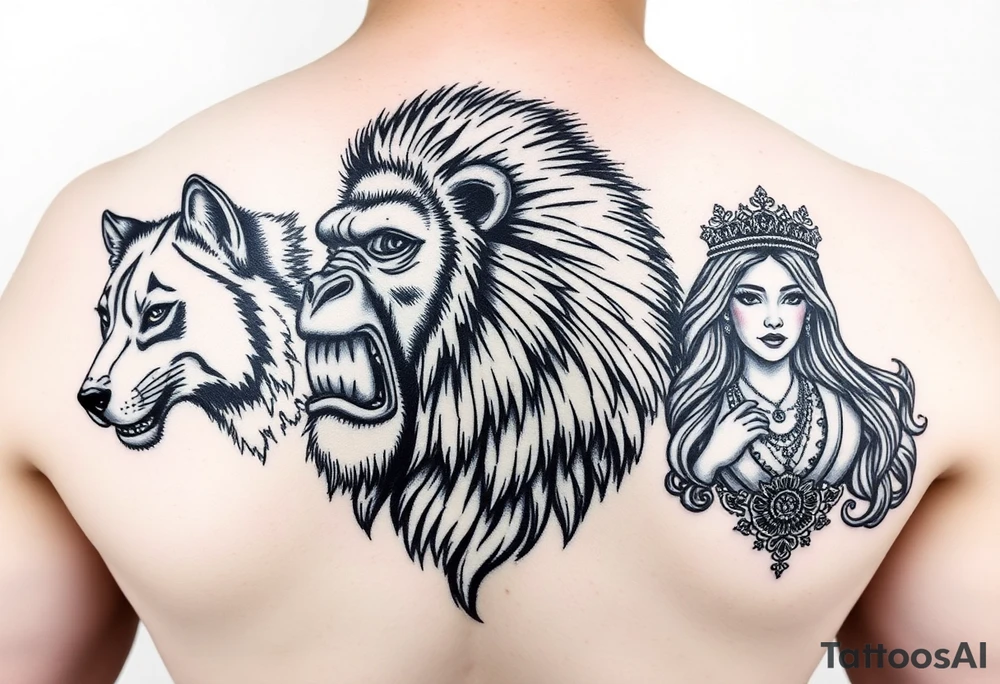Wolf, gorilla lion and a princess tattoo idea