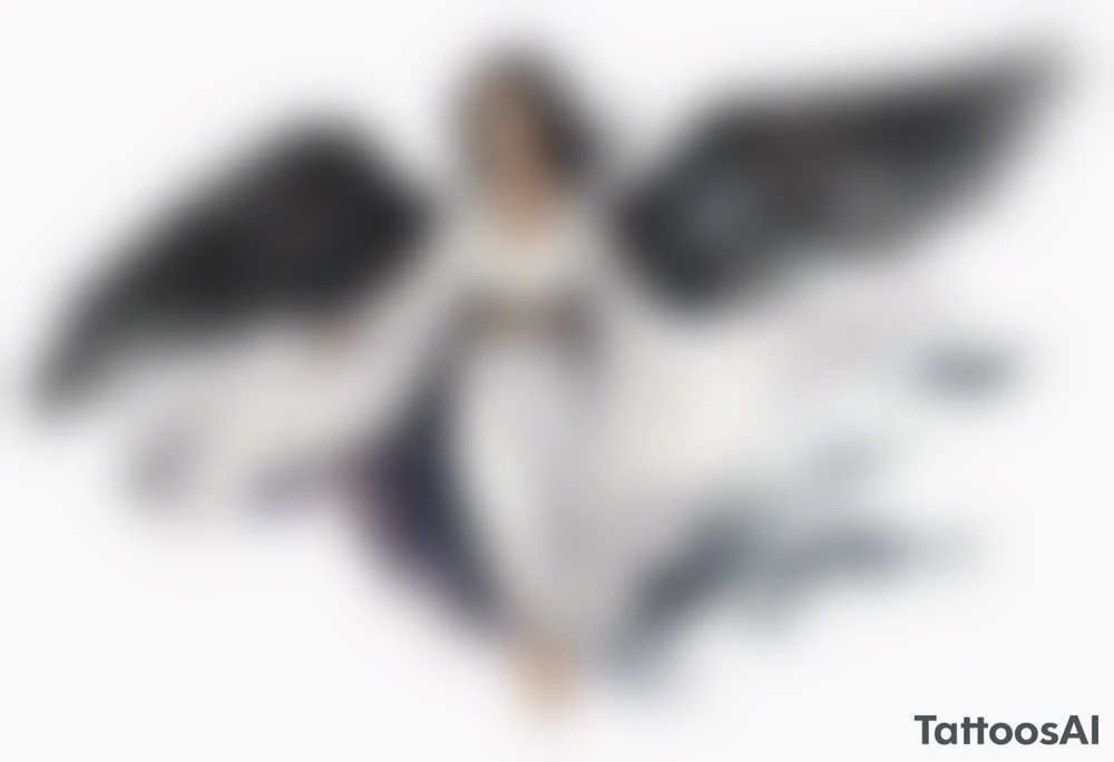 a beautiful 45 year old Dakota woman flying in the night sky with black wings, wearing a black and white cloak, bare feet tattoo idea