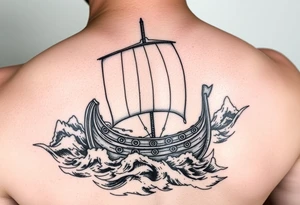 Viking longship sailing through stormy seas, intricate knotwork details, dramatic lighting. tattoo idea