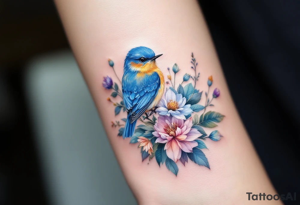 Puffy bluebird surrounded by wild flowers tattoo idea