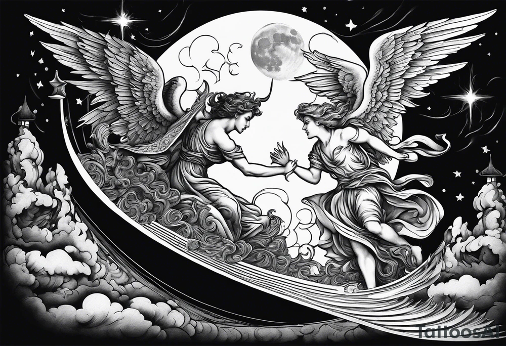 angel fighting a demon w a staircase going up to a moon in the background tattoo idea