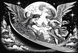 angel fighting a demon w a staircase going up to a moon in the background tattoo idea