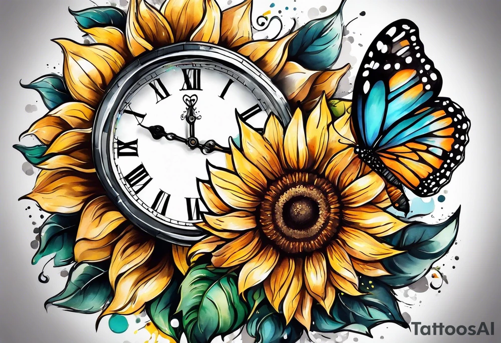 Sleeve with clock, sunflower and butterfly tattoo idea